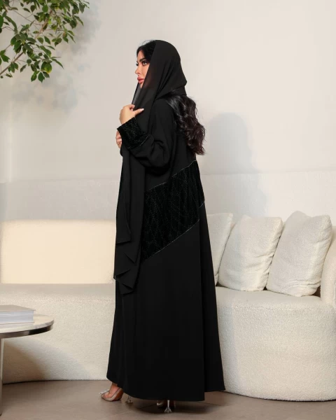 Crepe Abaya with Embroidered Velvet IB165 Black